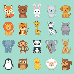 Fototapeta premium A collection of cute cartoon animals in a grid pattern