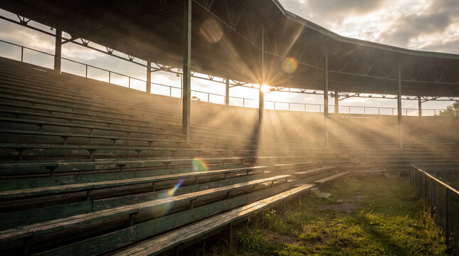 Sunlight streaming through empty outfield bleacher section no human brand warm atmosphere