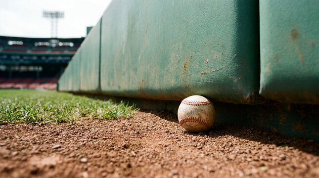 Baseball resting against bottom of padded outfield wall no human brand close-up shot