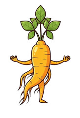 Fototapeta premium Cartoon ginseng root character with arms outstretched, symbolizing health and vitality