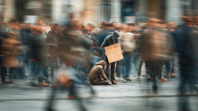 A blurred scene depicting a homeless man sitting with a sign amidst a crowd, conveying a poignant message about social issues.