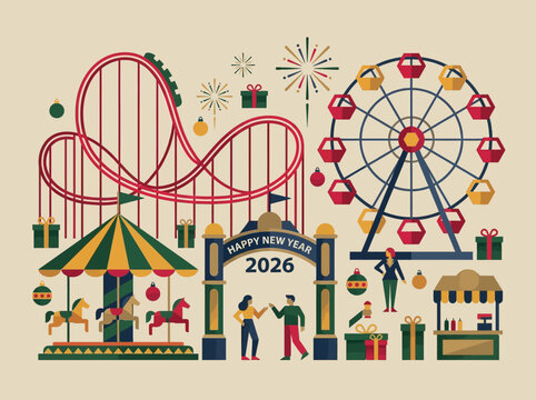 Festive 2026 Happy New Year Amusement Park Vector Illustration with Roller Coaster, Ferris Wheel, and Carnival Carousel