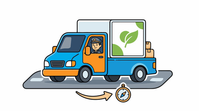 A cartoon delivery truck with a driver and leafy logo transports goods