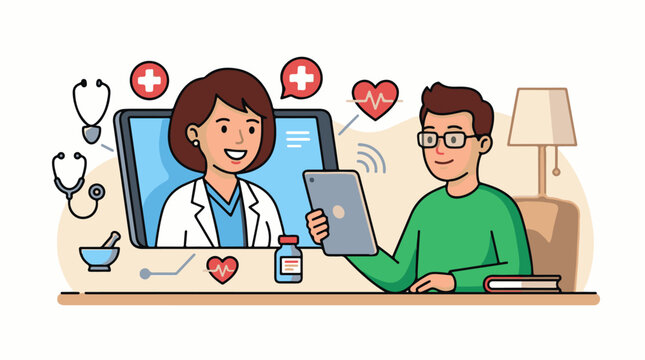 A cartoon doctor and patient engage in a virtual consultation