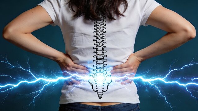 Woman holding lower back in pain with spine illustration on white t-shirt, blue lightning bolts indicating acute discomfort