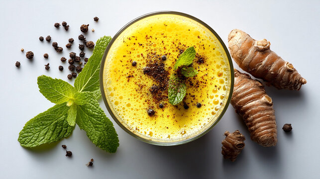 Golden milk turmeric latte with fresh mint and raw turmeric root