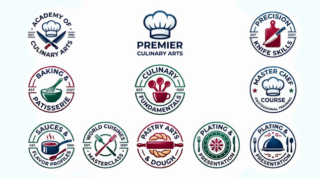 Collection of Nine Culinary Course Logo Designs Featuring Chef Hats, Knives, Utensils, and Food Elements, Vector Graphics for Branding and Education