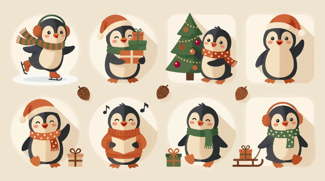 Cute Flat Design Penguins Celebrating Christmas with Various Activities, Ice Skating, Singing Carols, Decorating Tree, Gift Giving and Sledding, Vector Illustration