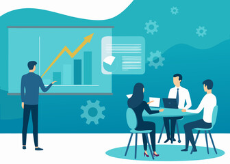 Naklejka premium Business meeting vector illustration with presentation and data analysis