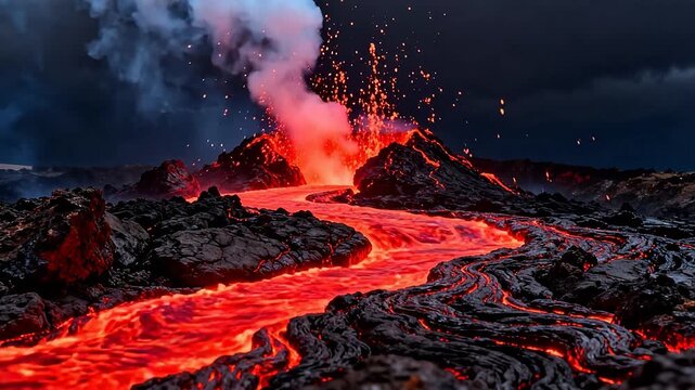 Volcano erupting with flowing lava