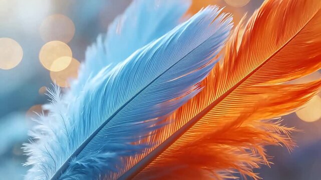 Blue and orange feathers in closeup