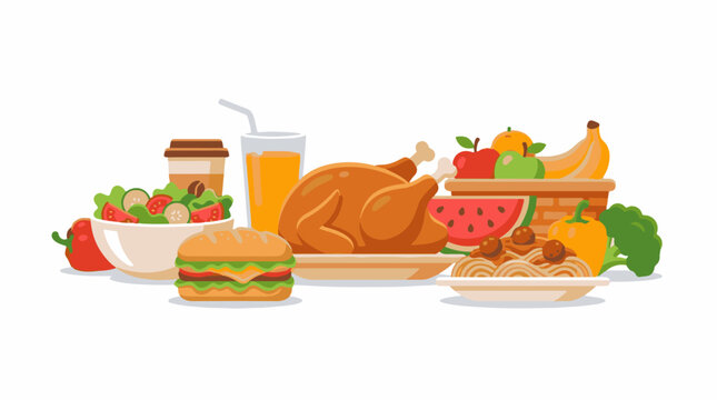 A colorful arrangement of various foods on plates and in bowls