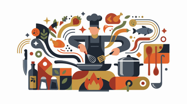 A chef in a dynamic kitchen scene with swirling food