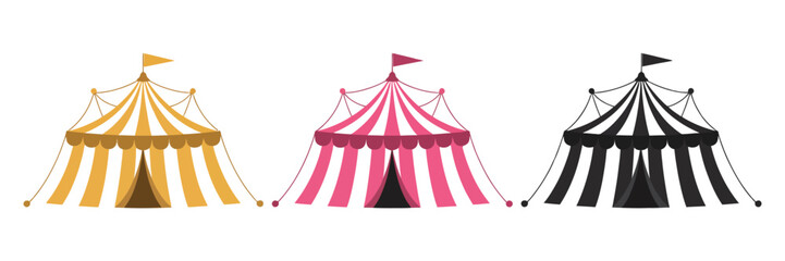 Circus Tent Icons featuring colorful carnival big top tents, striped marquee designs, amusement fair elements, and festive vector illustrations. © Razzak