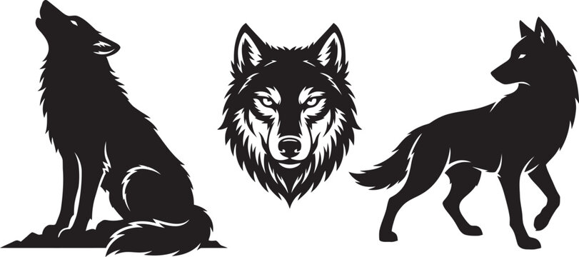 Black silhouette illustrations of wolves in various poses
