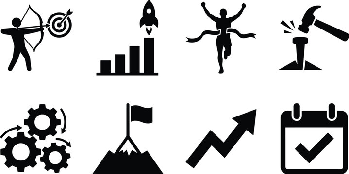 Business success and goal achievement black silhouette icons set symbolizing progress, growth, and targets
