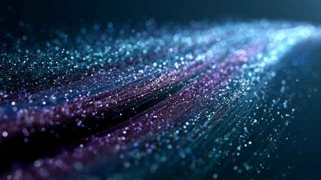 Glowing cyan and violet particles flow in silk trails across a dark blue void with volumetric lighting and bokeh. Cinematic 3D background ideal for tech startup hero banners and modern websites.
