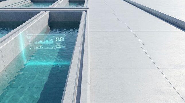 Wide view of an advanced automated water purification facility with concrete channels and a floating cyan holographic HUD panel