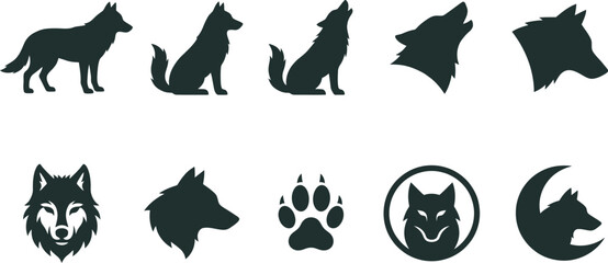 Collection of black wolf silhouettes and icons © BipashaSketches 