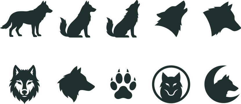Collection of black wolf silhouettes and icons