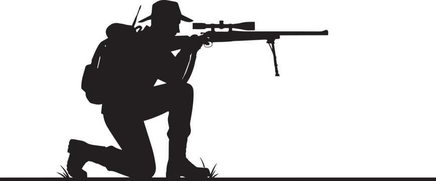 Hunter Aiming Scoped Rifle Silhouette Kneeling Outdoor Shooting Wildlife Adventure Vector Illustration Isolated on White Background Design Graphic