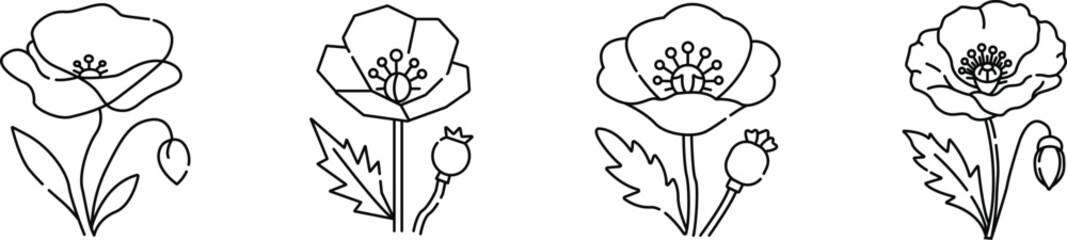 Fototapeta premium Poppy Flower Icons Set Vector Illustration, Floral Blossom, Botanical Nature and Decorative Line Art Collection