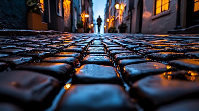 A lone figure walks down a wet cobblestone street at twilight with warm lights