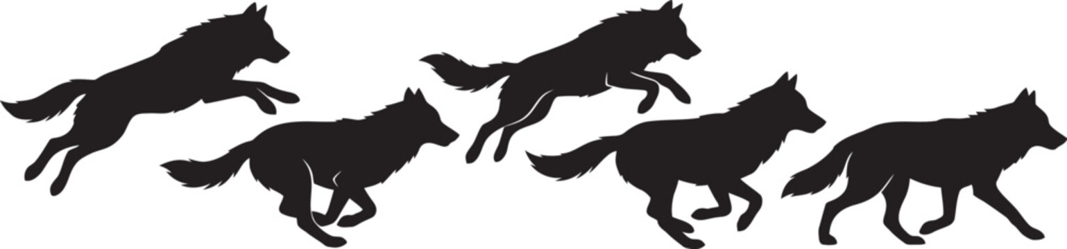 Silhouettes of five wolves running in a line
