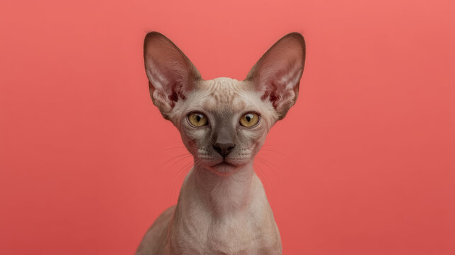 Curious Devon Rex cat with oversized ears posing on coral background, playful and attentive
