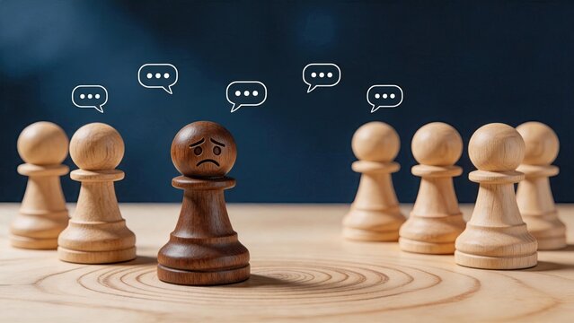 Sad wooden chess pawn with frowning face isolated among other pawns, feeling lonely, excluded, bullied or depressed