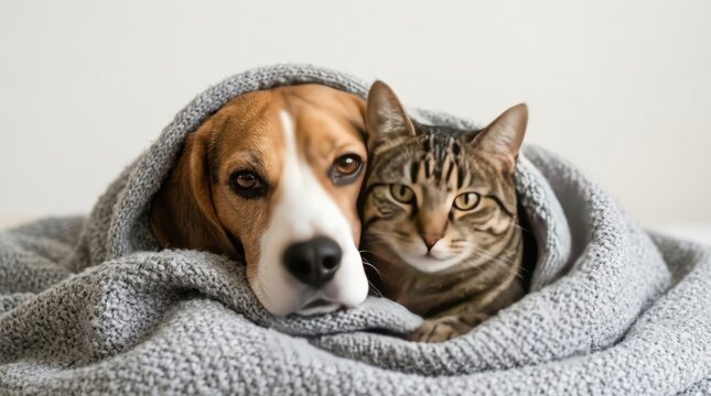 A beagle dog and a brown tabby cat snuggled together under a soft grey knitted blanket looking at the camera against a white background