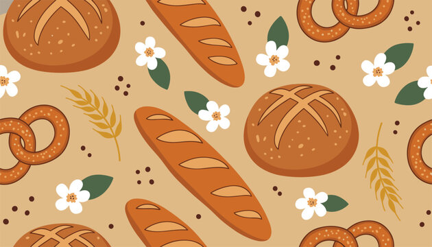 Seamless bakery pattern featuring freshly baked bread baguettes pretzels ears of wheat and white blossoms on tan background.