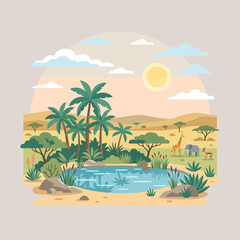 Obraz premium African savanna landscape with wild animals and oasis