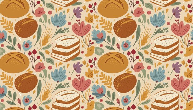 Cozy rustic seamless pattern with baked bread loaves sliced bread wildflowers and wheat ears on beige background.