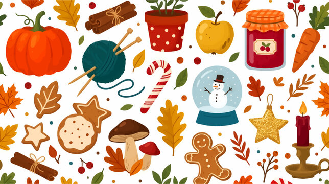 Flat Design Seamless Pattern of Autumn and Winter Objects, featuring pumpkins, fall leaves, gingerbread cookies, a snowman snow globe, and festive elements