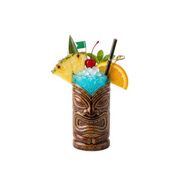 Blue tropical cocktail with umbrella and fruit in a brown tiki glass isolated on transparent background