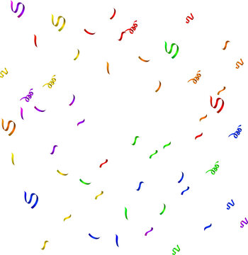 Colorful confetti overlay background with floating festive serpentines and falling rainbow ribbons vector illustration. Bright holiday celebration tinsel element, vibrant carnival party backdrop isola