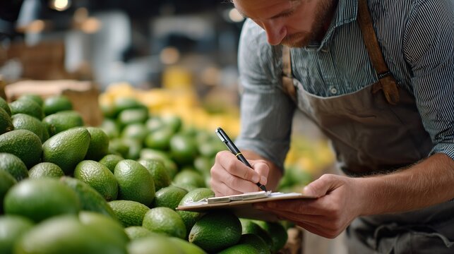 Camera widening produce clerk checking avocados writing stock ebabac digital illustration graphic image visual asset for presentation marketing media