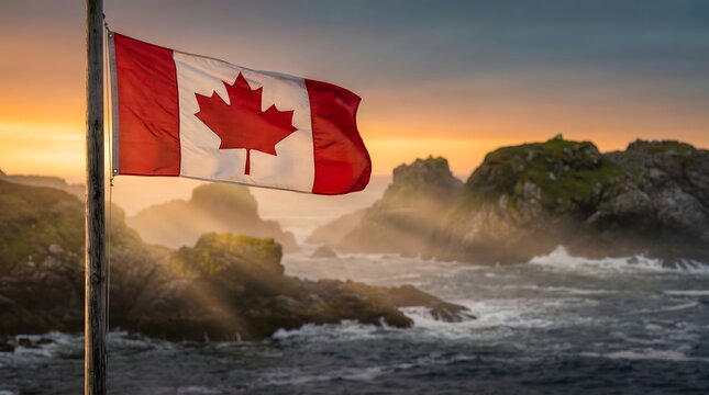 Canadian flag waving proudly on a rocky coast during sunrise, celebrating independence day concept with beautiful sunrays