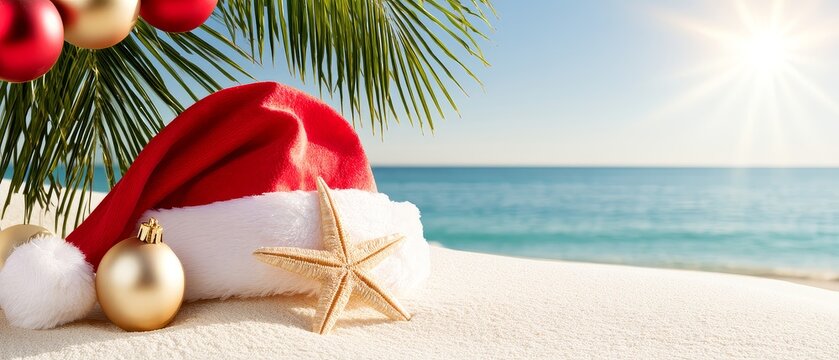 Festive holiday celebration in july featuring a santa hat and colorful ornaments on a sunny beach with palm leaves and ocean backdrop