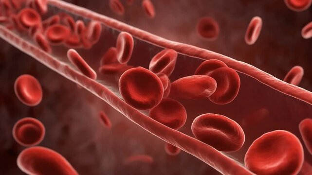 Blood cells flowing within a human artery during circulation with cinematic motion