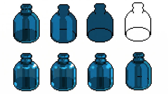 Pixel art blue glass bottle and potion creation step spritesheet for game asset