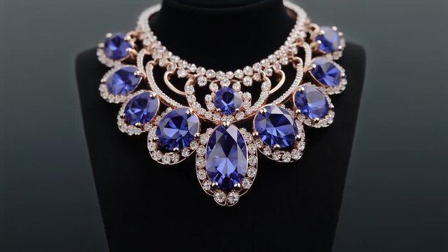 Elegant sapphire and diamond necklace displayed with cinematic motion during a studio shoot for luxury advertising