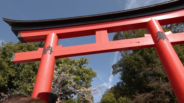 Low Angle View of Vermilion Torii Gate in Kyoto Japan