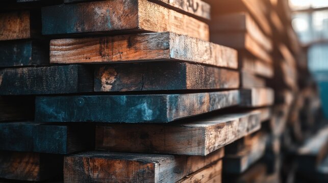 Close up of a pile of wooden planks showing the wood grain