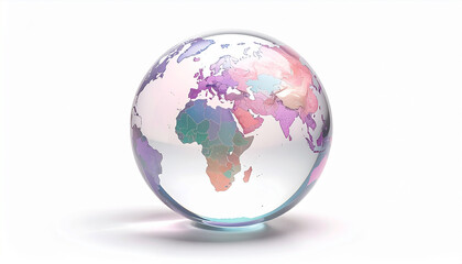Fototapeta premium Transparent Crystal Glass Globe with Colorful World Map on White Background