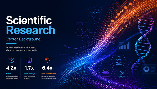 Scientific research background with DNA helix and laboratory icons. Infographic template illustrates biotechnology data analytics and innovation. Ideal for medical presentations.