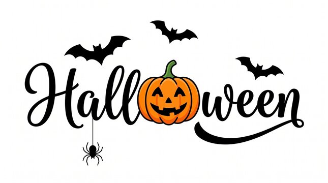 A festive Halloween graphic featuring stylized cursive text with a smiling jack-o'-lantern replacing the letter 'o', accompanied by bats and a spider.