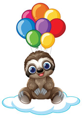Fototapeta premium Cute Cartoon Sloth Floating on Cloud with Colorful Balloons