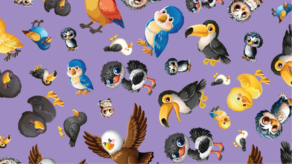 Obraz premium Seamless Vector Pattern of Cute Cartoon Birds on Purple Background